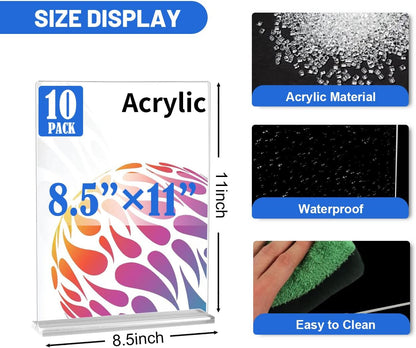 10 Pack Acrylic Sign Stand 8.5 X 11, Vertical T-Shape Clear Plastic Display, Double-Sided Clear Table Top Sign Holder, Suitable for Office, Store