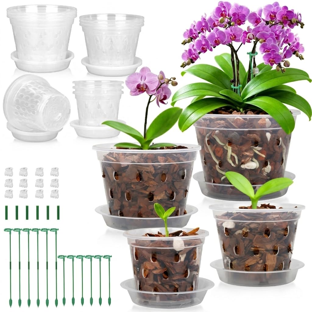 WTXHOP 3/4/5/6 Inch Orchid Pot, 12 Pack Clear Orchid Pots with Holes, Saucer and Plant Stakes for Repotting, Plastic Plant Pot for Indoor & Outdoor Plants
