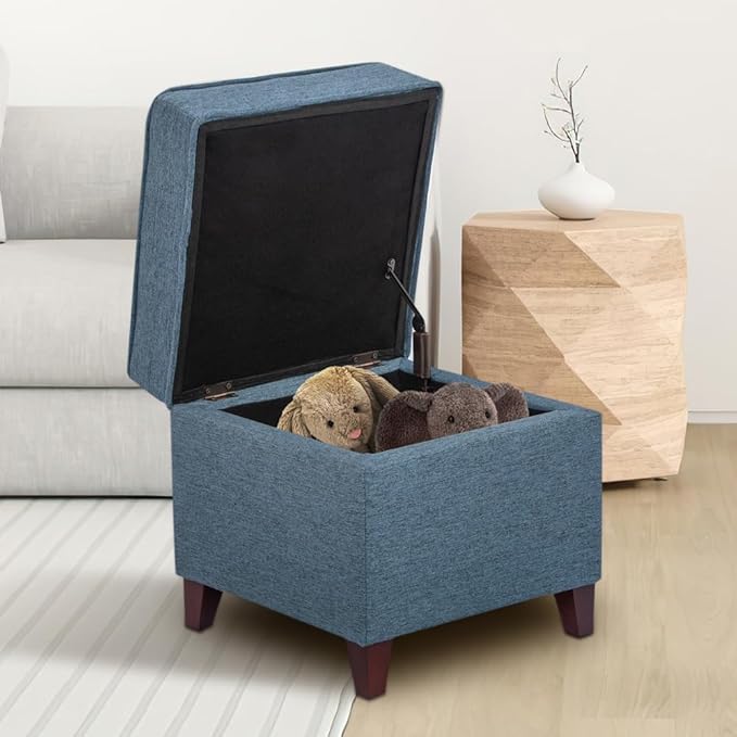 Adeco 17" Square Ottoman with Storage, Small Blue Storage Ottoman Foot Rest