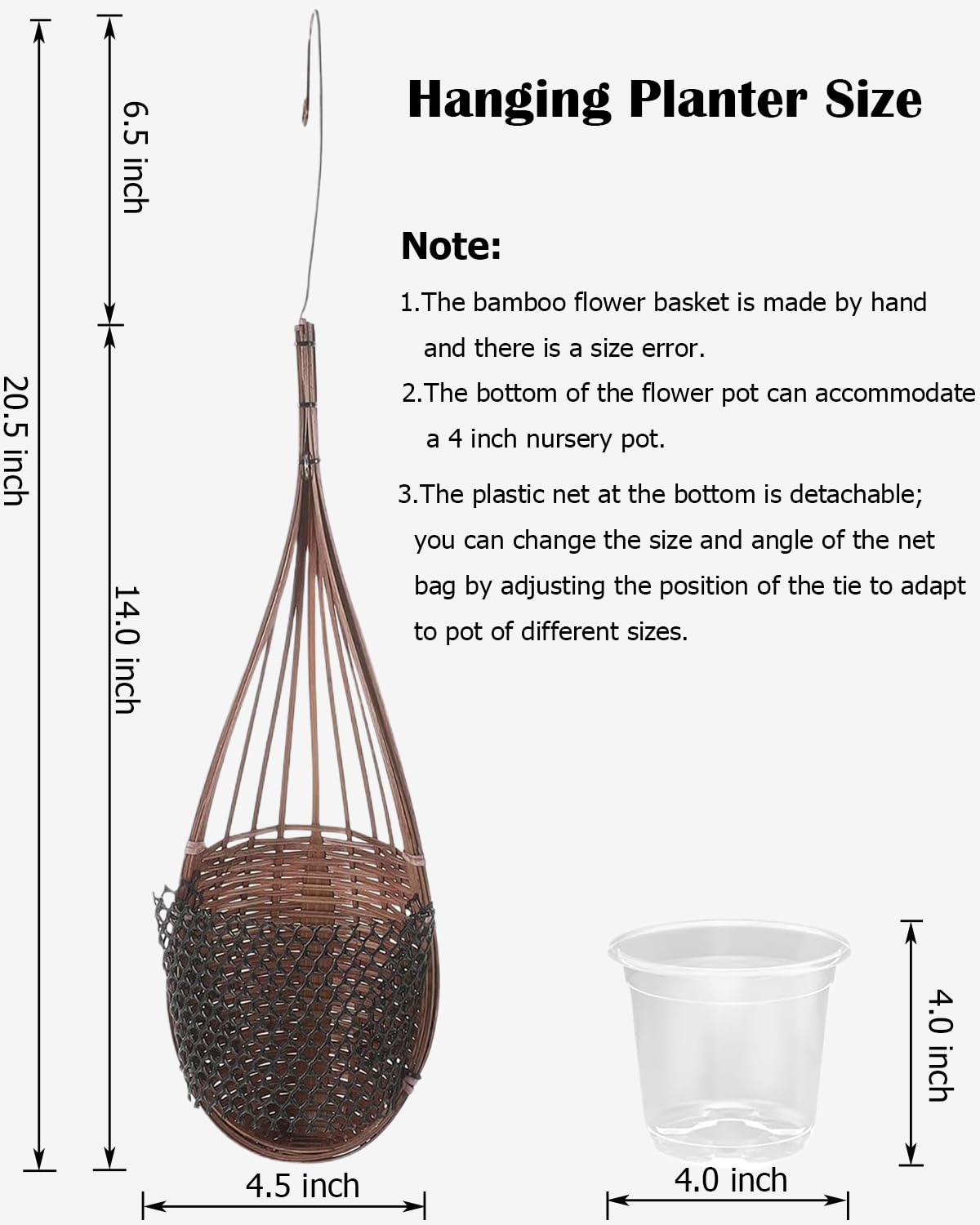 Gogeffor Hanging Orchid Planter: 3 Pack Wall Plant Pot with Adjustable Hook Breathable - 4 Inch Handmade Bamboo Flower Basket for Indoor Window Balcony Corridor Railing Garden Fence - Brown