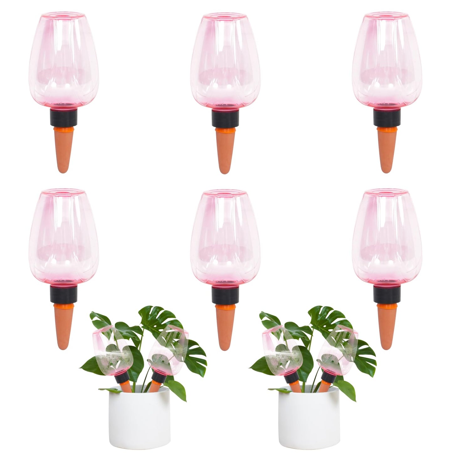 GEWOSI 6pcs Plant Self Watering Globes, Plastic Water Bulbs Top Fill, 12.3 oz Plant Watering Devices System Slow Release Terracotta, Water Spikes Stakes for Indoor (Pink-6pack)