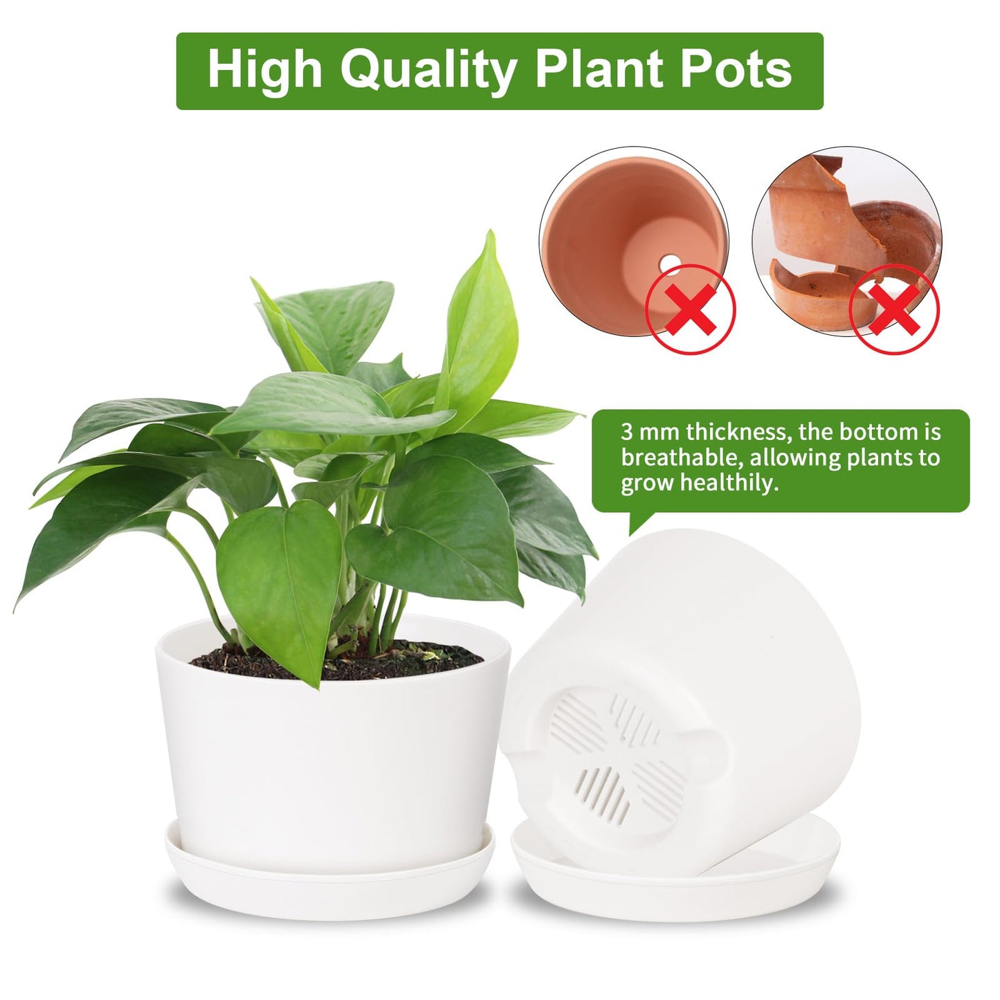 Oliz 4.7 Inch Plastic Plant Pots, Round Classic Planters with Drainage Holes and Saucers for Indoor Outdoor Plants, Perfect for African Violet, Snake Plant, Succulents (White 8 Pack)