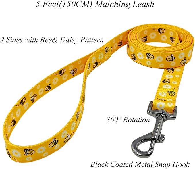 Dog Collar Leash Set, Floral Pattern, Polyester Material, Adjustable Collar and 5ft Matching Leash, for Large Dogs.(L, Bee Daisy)
