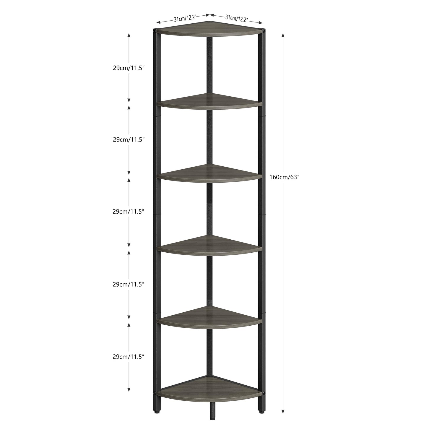 IRCPEN 6 Tier Corner Shelf 63.1" Tall Corner Shelves Stand Ladder Shelf Grey Woodgrain Industrial Standing Bookshelf Organizer Display Rack Bookcase Plant Stand for Living Room Bedroom CS-001GW