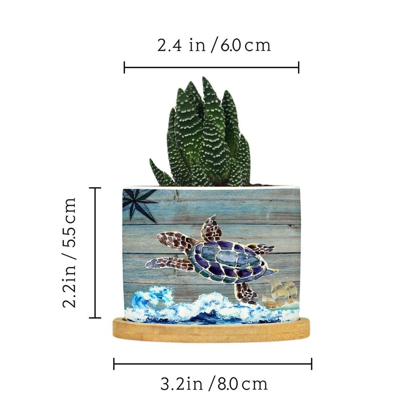 DreamAutumn Ocean Theme Sea Turtle Ceramic Pots for Plants with Drainage Holes Round Flower Pot Bamboo Tray Orchid Pot Succulents Pots for Outdoor Indoor Plants,Housewarming Gifts