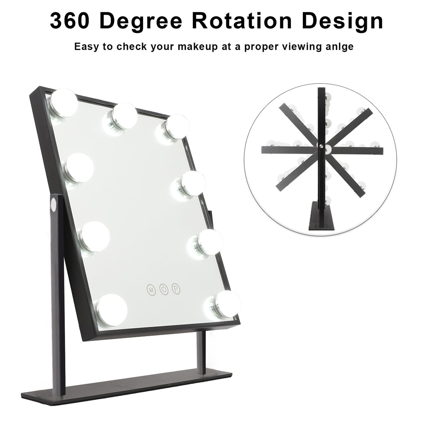 Hansong Vanity Mirror with Lights Lighted Makeup Mirror with 9 LED Bulbs Plug in Light Up Makeup Mirror with Lights 360 Rotation with 10x Magnifying Mirror Tabletop
