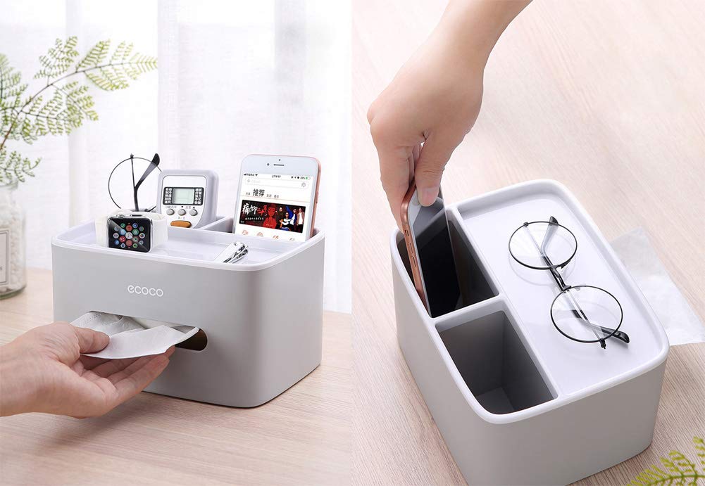 Multifunction Rectangular Tissue Holder Cover Case Facial Tissue Paper Box Napkins Dispenser Container Stylish Remote Control Desk Storage for Living Room Bedroom Dressers Home Office (Grey)