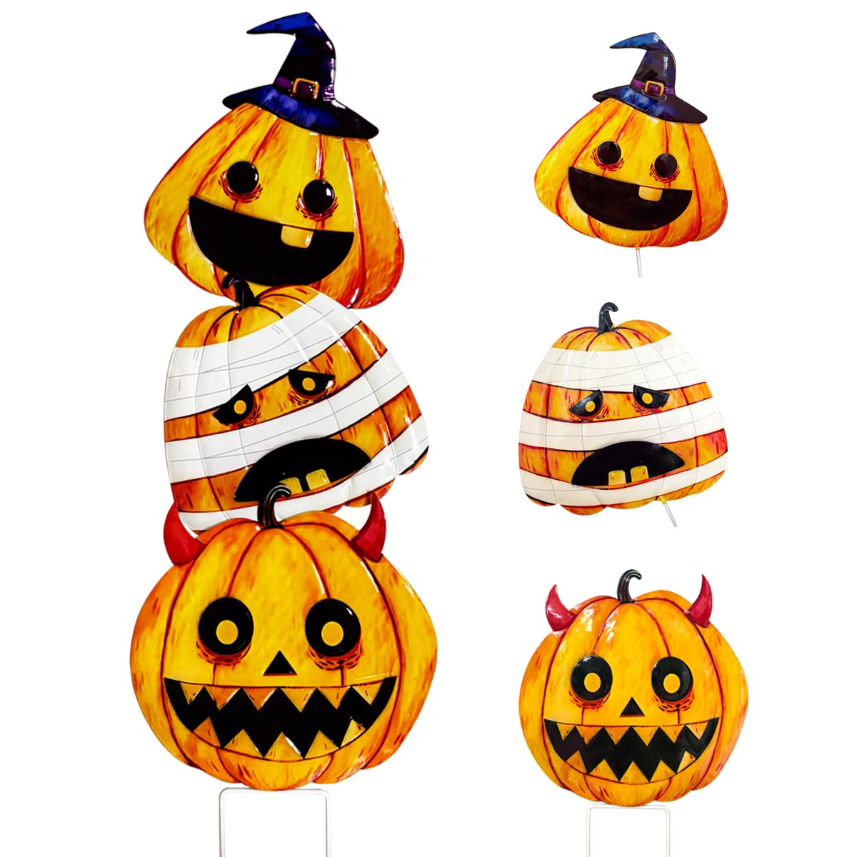 3 Packs Halloween Garden Stakes, Stacked Metal Pumpkins Jack-o-Lantern LawnDecor, Halloween Decorative 3D Pumpkin Yard Signs Stake for Outdoor Front Garden Pathway Decorations