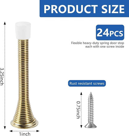 KISEER 24 Pack Spring Door Stops 3 1/4 Inch Flexible Heavy Duty Spring Door Stopper with RustProof Screw Rubber Bumper Tips (Gold)