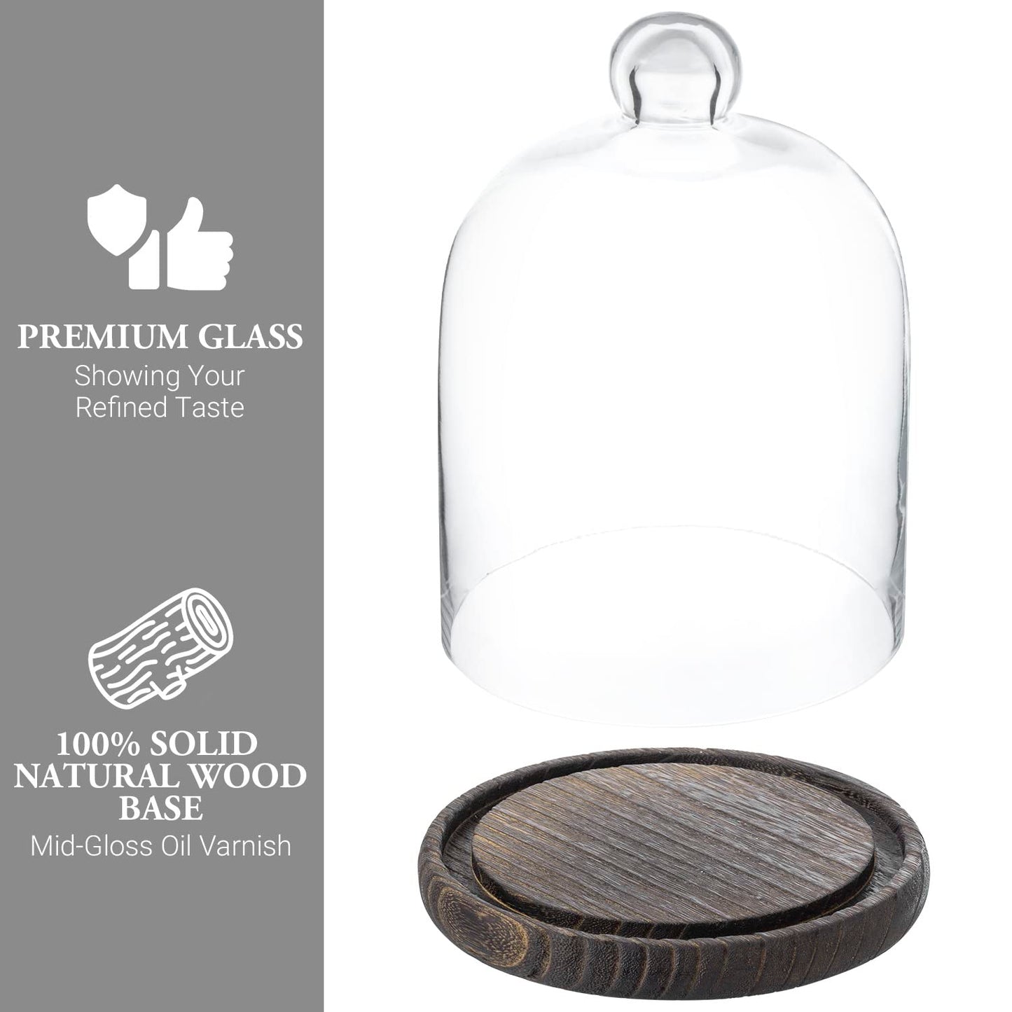 MyGift Clear Cloche Glass Dome,9 Inch Display Bell Jar with Top Handle and Rustic Brown Solid Wood Base