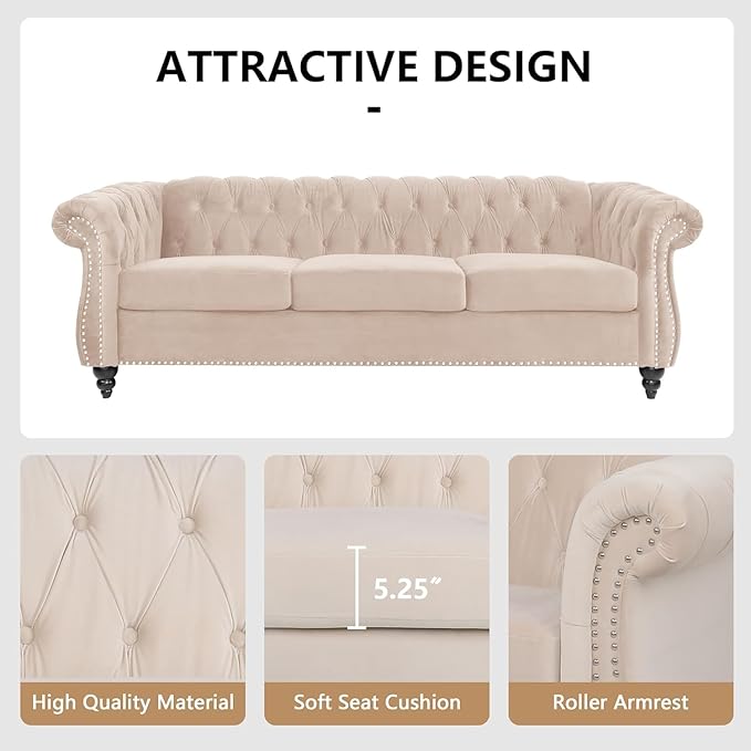 Mid-Century 3 Seater Sofa, Velvet Couch