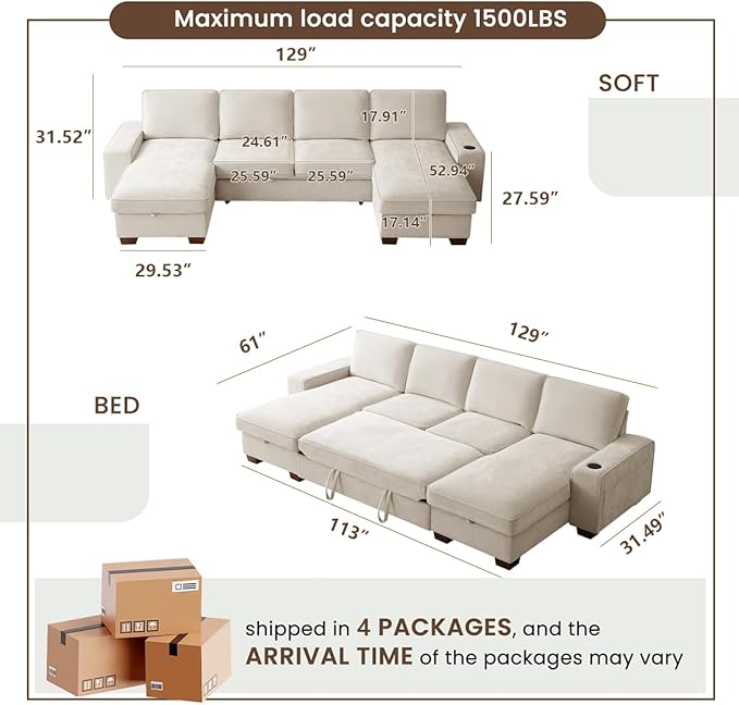 129" Convertible Sleeper Sofa Bed, L Shaped