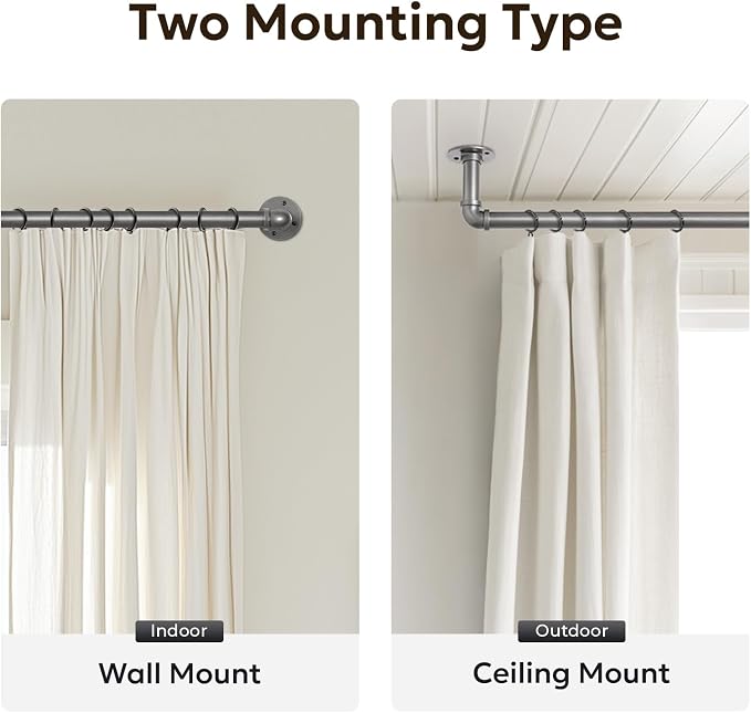 Zeerobee Curtain Rods for Windows 72 to 144, 1 Inch Industrial Wrap Around Grey Curtain Rod, Indoor/Outdoor Room Divider Adjustable Drapery Pole, 72"-144"