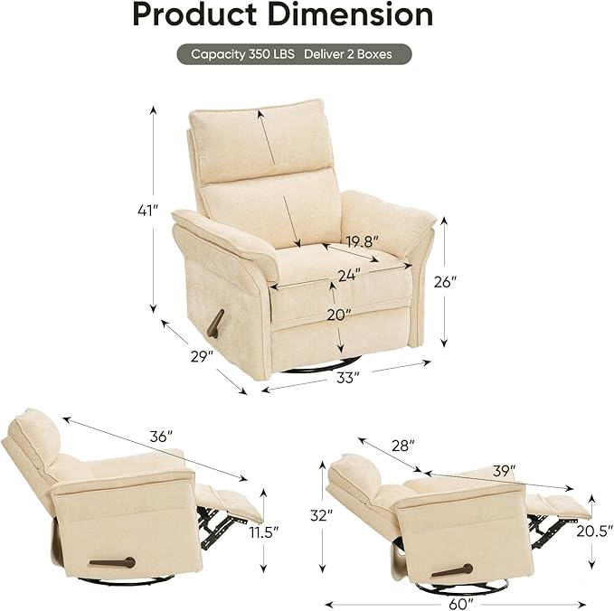 Rocking Chair Nursery with Adjustable Headrest, Manual Swivel Rocker Recliner