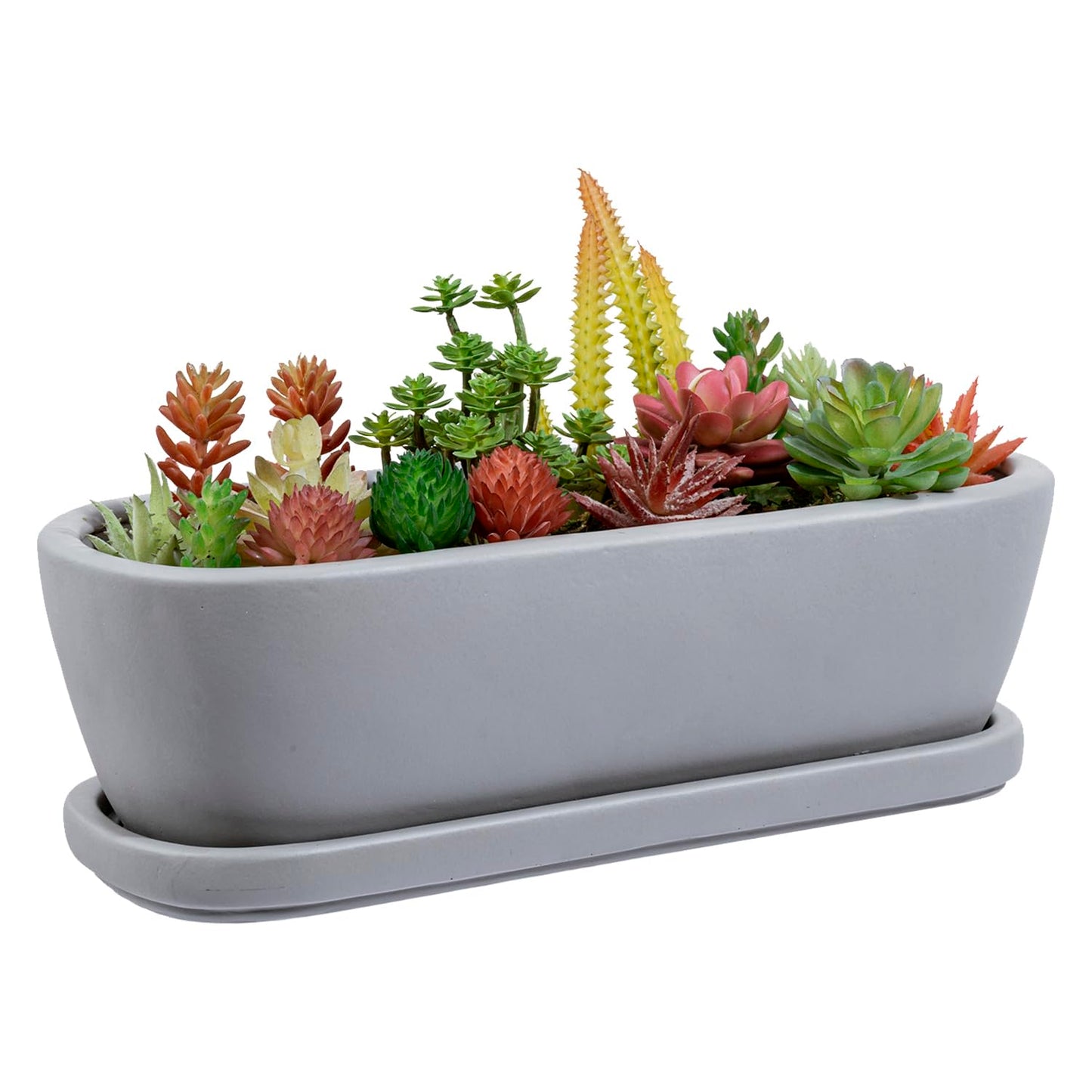 MyGift 14 Inch Oval Modern Gray Concrete Succulent Planter Pot with Drainage Hole and Removable Saucer, Decorative Cement Indoor House Plant Container for Flowers, Cactus, Herbs