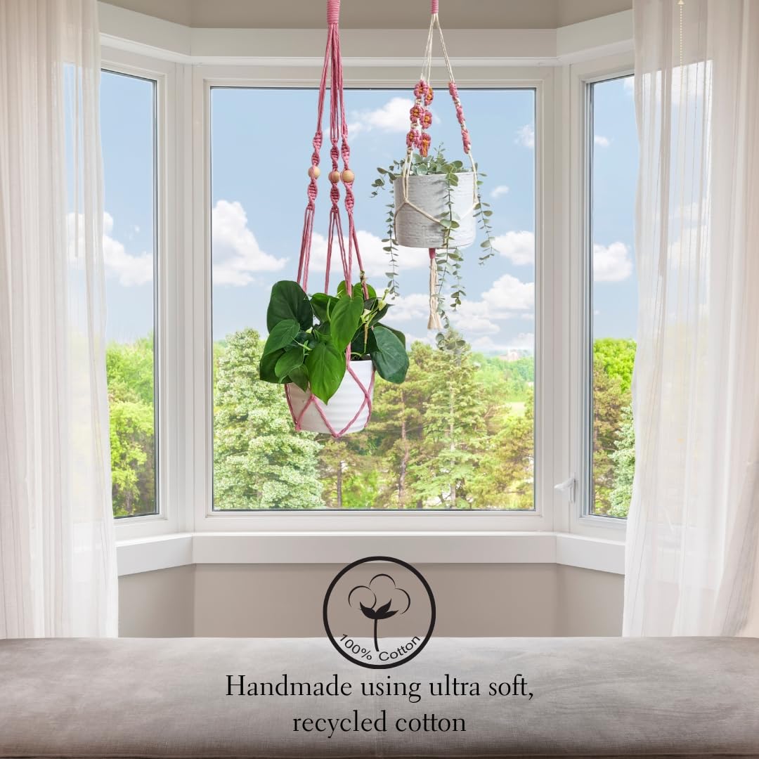 Set of 2 Macrame plant hanger with Daisies & Beads | Hanging plant holder Macrame Plant hangers outdoor and indoor hanging planters Plant stand indoor Boho Decor hanging planter stand (Champagne Pink)