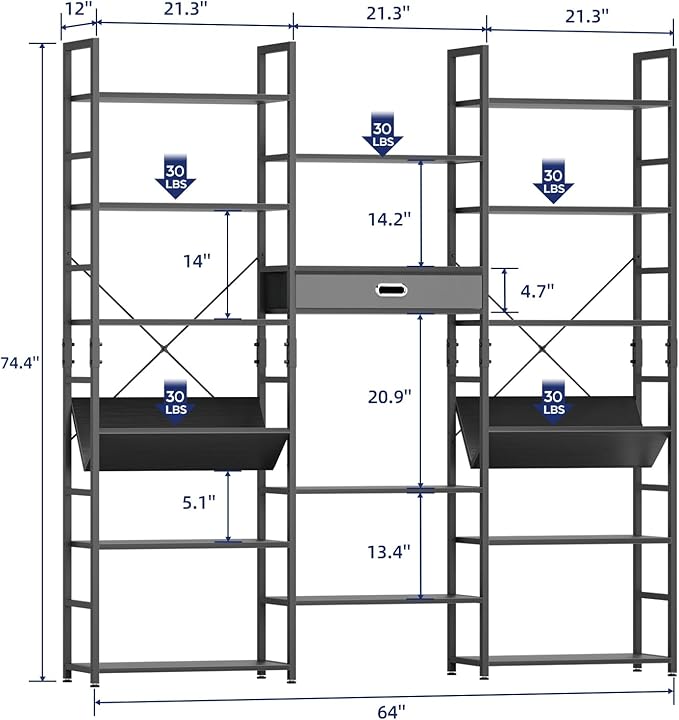 NUMENN Bookcases and Bookshelves Triple Wide 6 Tier Bookshelf, Large Etagere