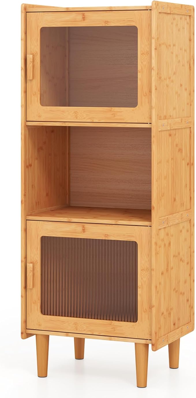 Giantex Bamboo Storage Cabinet, 3-Cube Bookcase, Freestanding Liquor Display