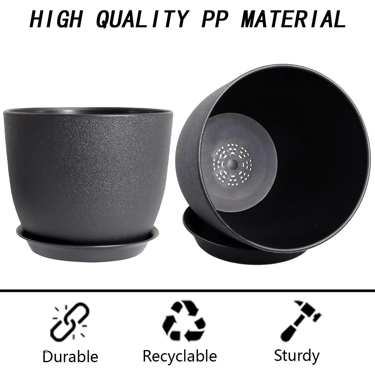 SE SUN-E 12 Inch 2 Pack Outdoor Flower Pots, Planting Pots with Saucers, Garden House Plants Planters with Drainage Hole Plant Pots Indoor Plants Black Color Plastic