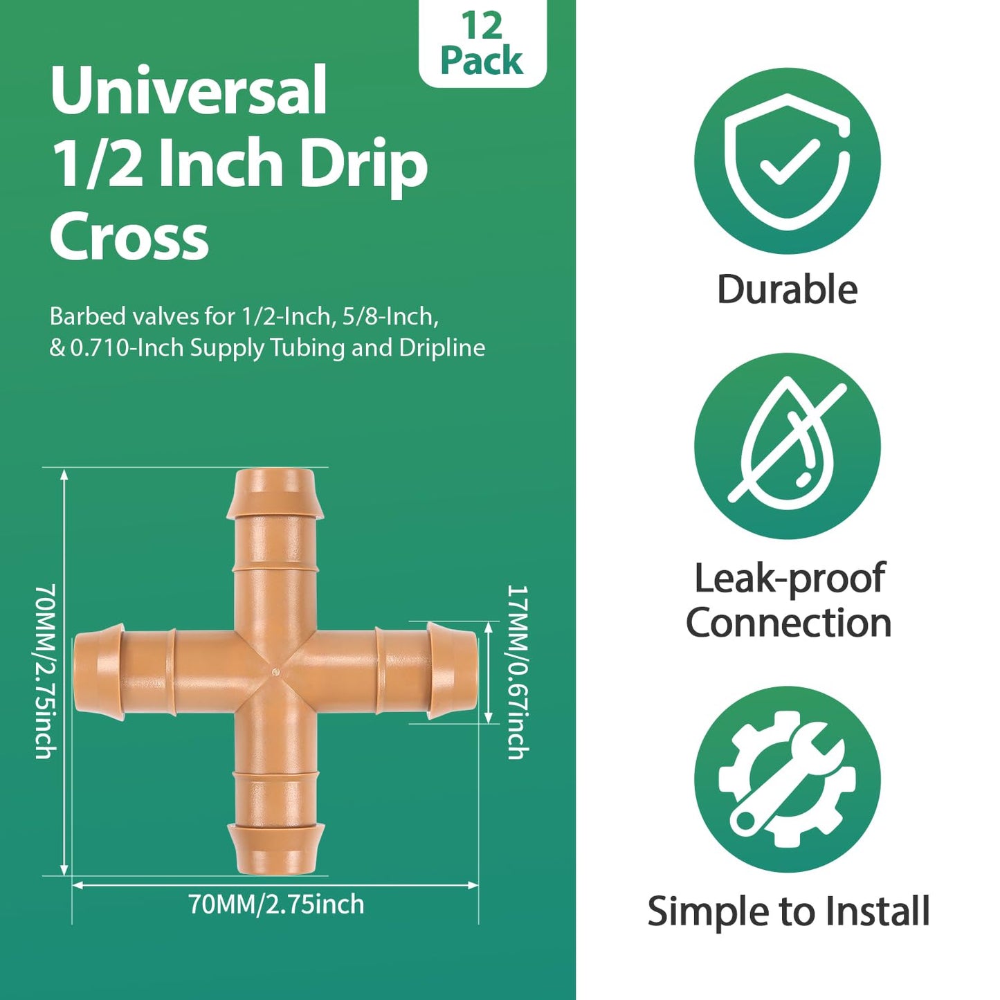 RedChili 12 Pcs 1/2 Inch Irrigation Tubing Cross Tee Fittings, 1/2" Drip Irrigation Barbed 4 Way Tee Connectors Fits 5/8", 1/2", .700" Drip Tubing for Garden Lawn Irrigation System