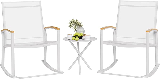 Shintenchi 3 Piece Outdoor Rocking Bistro Set, Textilene Fabric Small Patio
