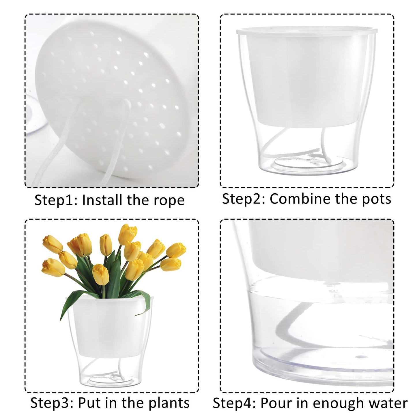 ZOOFOX 4 Pack Self Watering Pots for Indoor Plants, 7 Inch Large Clear Plastic Automatic-Watering Plant Pot, Modern Decorative Pot for Indoor Plants, Flowers, Herb, Aloe, Orchid, African Violets
