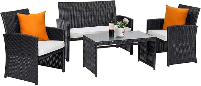 Tangkula Patio Wicker Conversation Furniture Set, Patiojoy Sofa & Table Set w/4