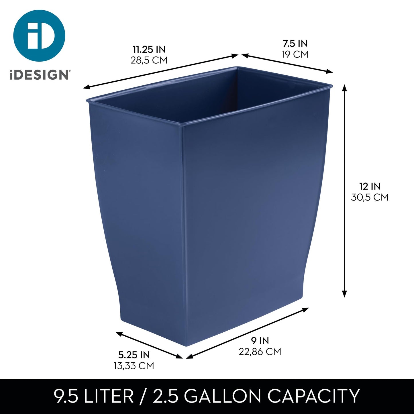 iDesign Small Plastic Bathroom Trash Can, Slim Rectangle Garbage Bin for Bedroom, Office, Dorm, Navy Blue