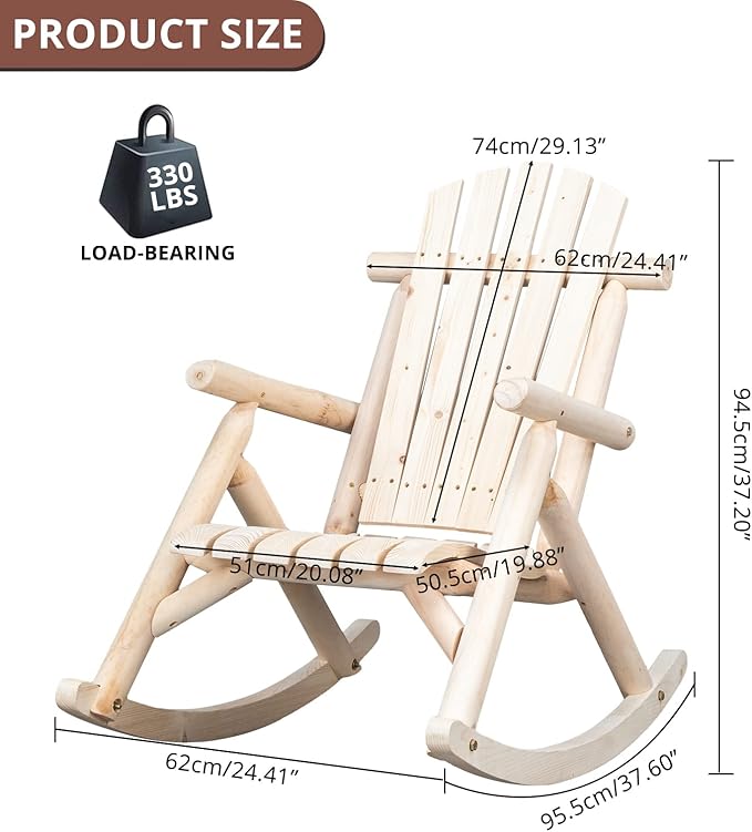 Outvita Wooden Rocking Chair, Fir Log Adirondack Rocker, Outdoor Wood Accent