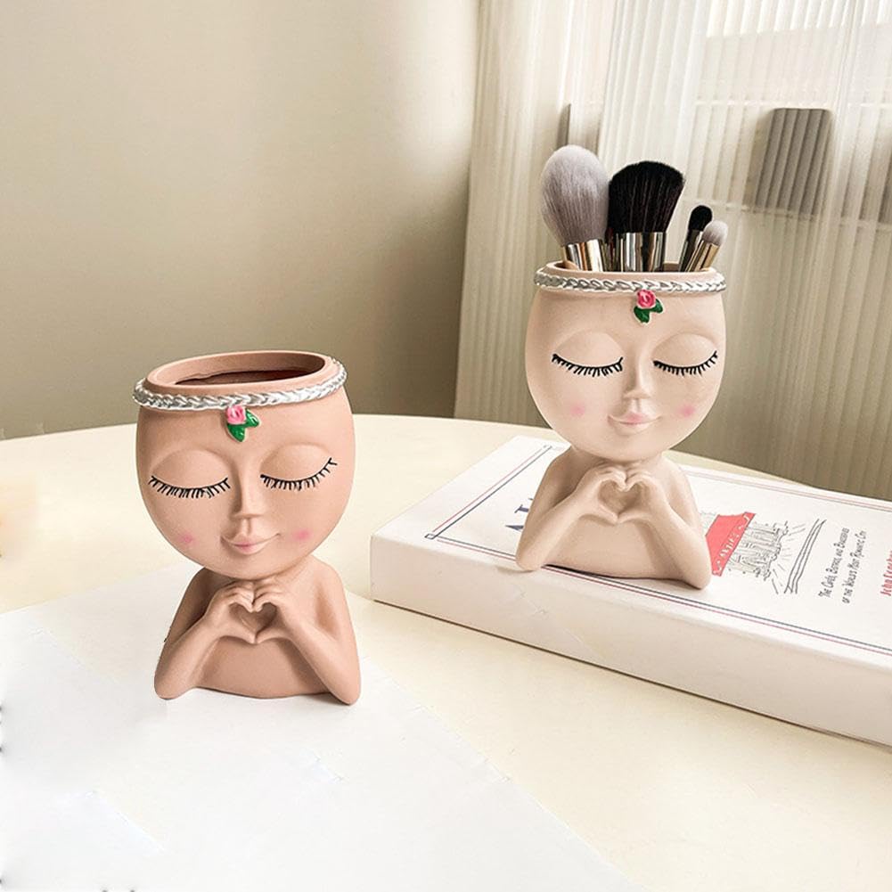 Face Planter Pot with Heart Hands, Unique Resin Head Planter for Indoor Plants, Cute S-ucculent Pots with Drainage Hole, Decorative Makeup Brush Holder for Vanity, for Women