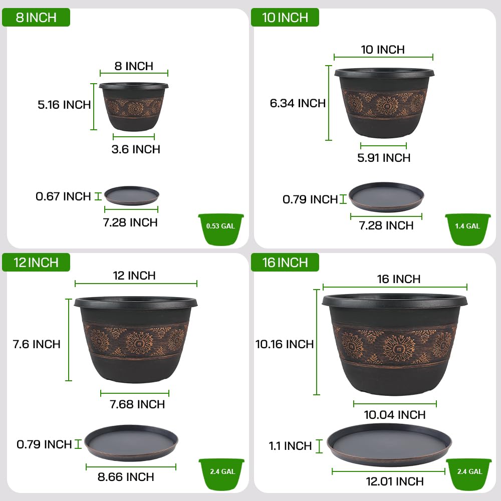 Usocik 12 Pack 10 Inch Retro Plant Pots with Drainage Holes and Saucer for Indoor Outdoor Plants.