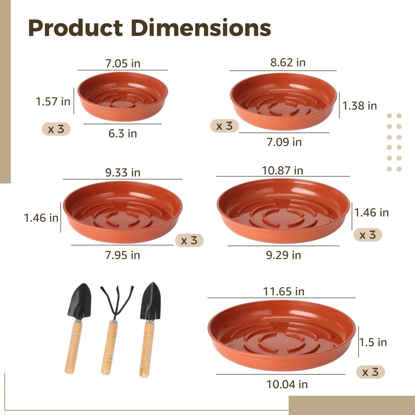 15 Pcs Terracotta Plant Saucer Pots Tray, 6.3/7.09/7.95/9.29/10.04 Inch Round Plastic Plant Saucers, Terracotta Plant Drip Trays with 3 Gardening Tools,Flower Pot Tray for Indoor Outdoor Plants