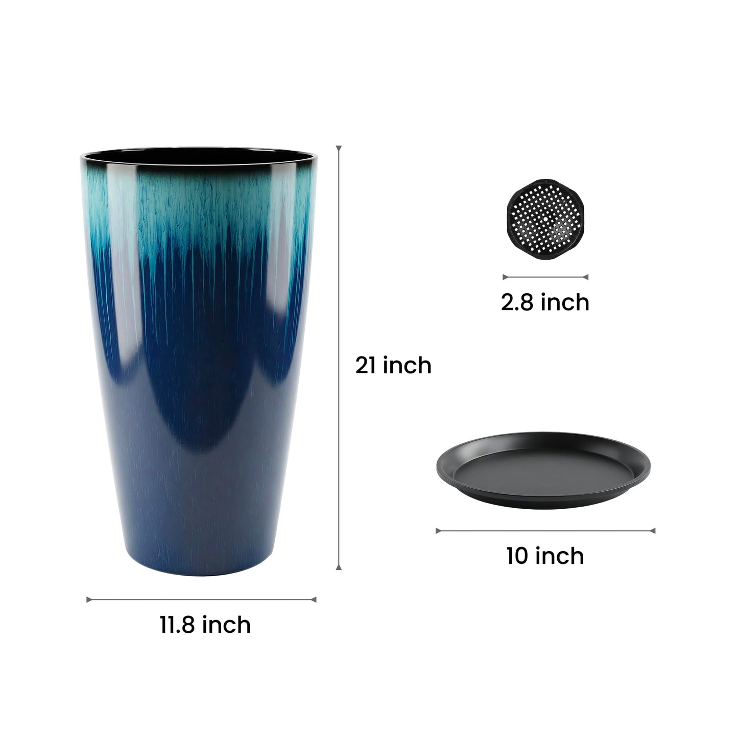 LESOASIS 21 inch Tall Planter, Set of 2 Tall Planters for Outdoor & Indoor Plants, Large Outdoor Planters for Front Porch, Patio, Garden (Blue Flowing Glaze)