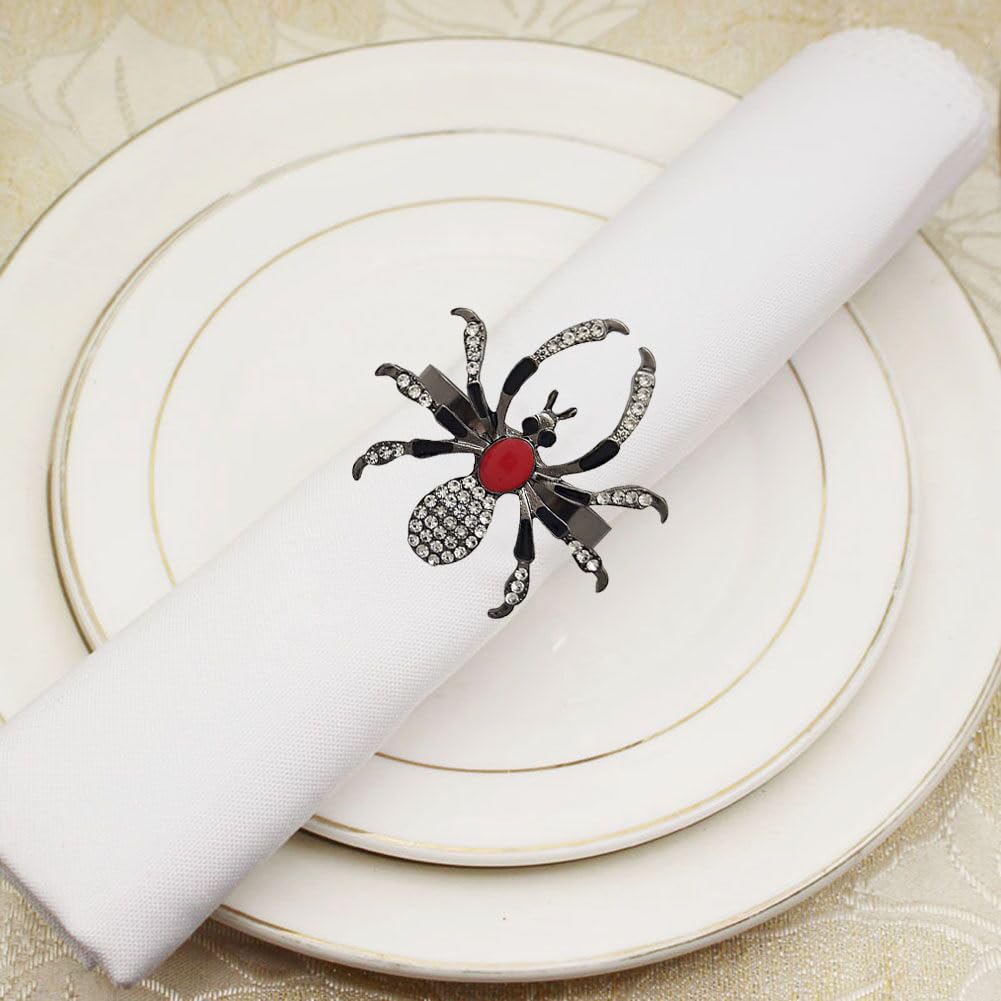 Halloween Napkin Rings Set of 6, Black Spider Napkin Ring with Rhinestones, Decorative Serviette Buckles Metal Holder for Cloth Napkins, Party Table Decor Banquet Birthday Holiday Daily Use