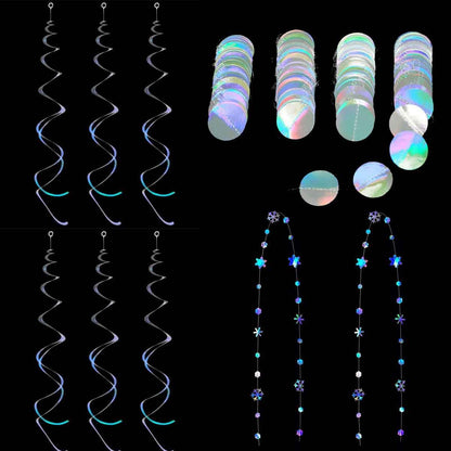 Winter Wonderland Party Decoration Iridescent Snowflake Circle Dots Garland Iridescent White Hanging Swirls Holographic Paper Set for Onederland Christmas Frozen Birthday Wedding Bridal Party Supplies