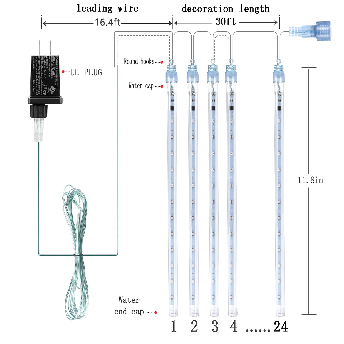 Kwaiffeo Warm White Christmas Lights Outdoor, 24 Tubes(Equivalent to 3 Sets of 8-Tube) LED Meteor Shower Lights for Xmas Wedding Party Decorations, Warm White Fairy Icicle Light for Yard Outside