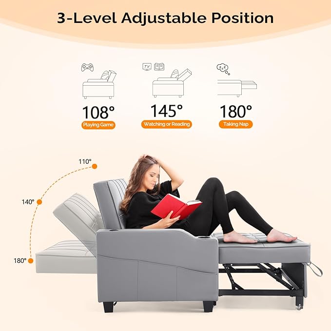 VINGLI Light Grey Futon Sofa Bed Convertible Loveseat Sleeper Couch, Faux
