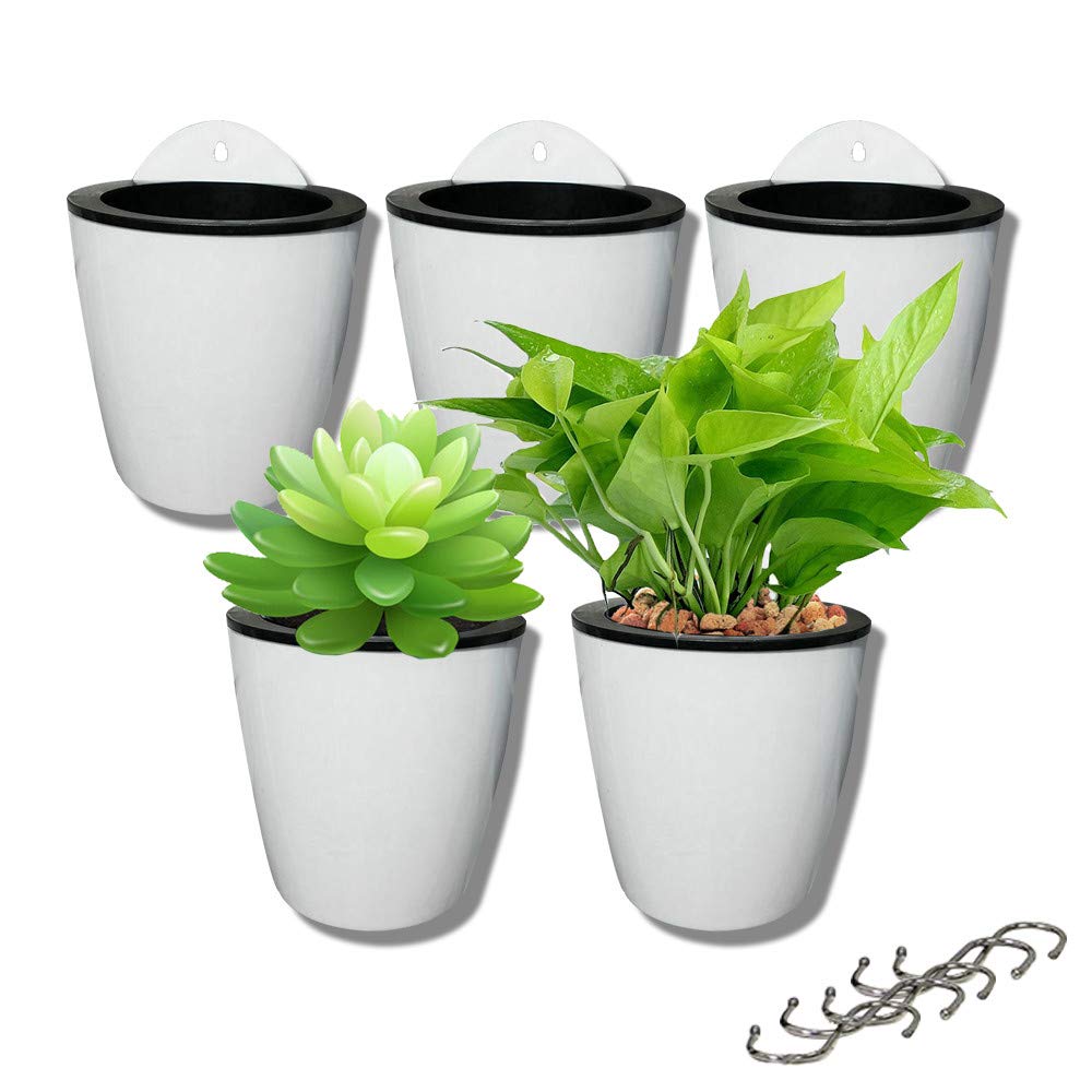 5 pack Lazy flower pots Water hanging plants Pot/Self Watering Planter,Succulent plants and small flower pots Plants Pots Indoor out Wall Hang Flowerpot Window Boxes With 5 hooks Silver (white)
