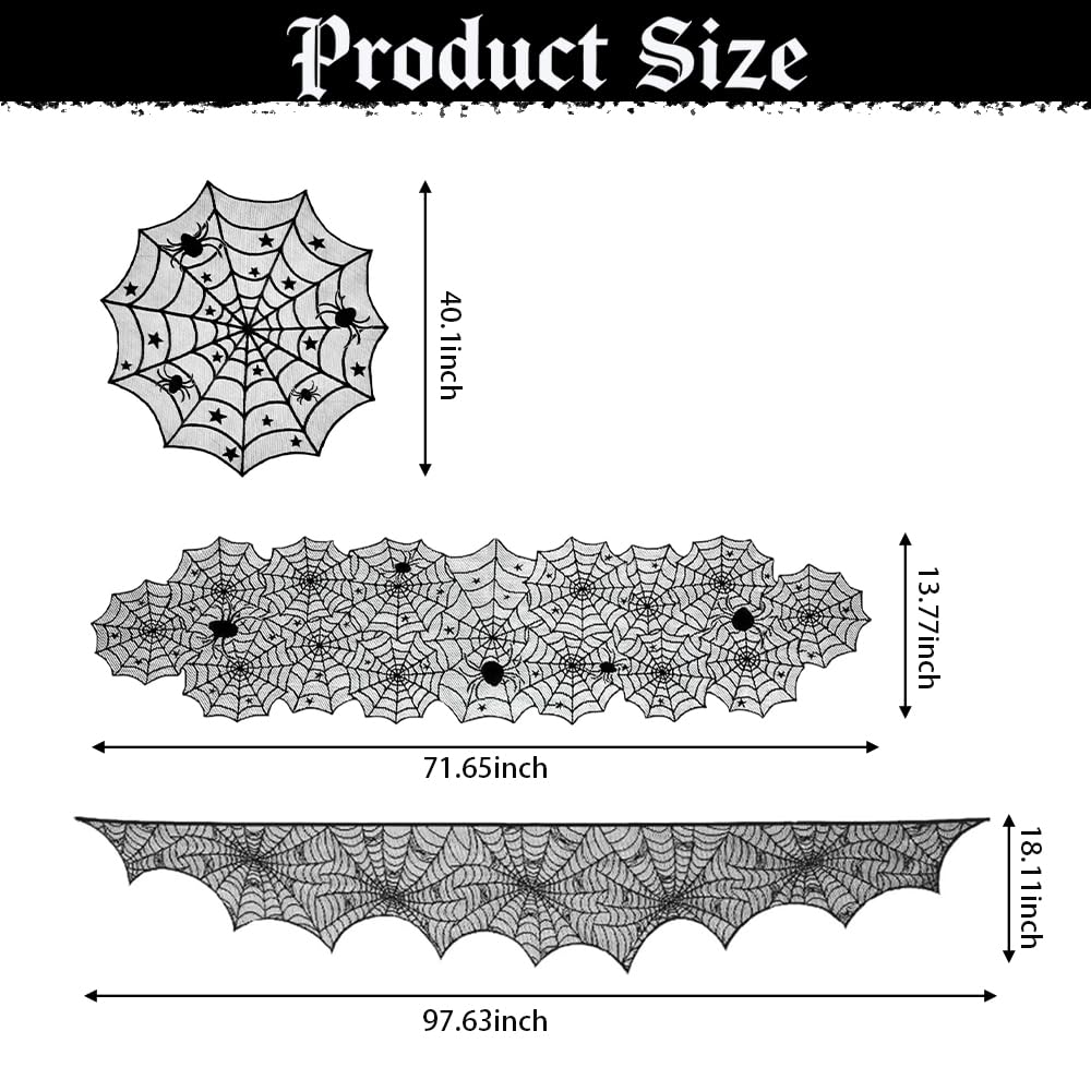 QINYIER 3Pcs Halloween Lace Tablecloths, Black Spiderweb Table Cloths (Rectangle and Round), Fabric Cover for Fireplace, Side Table, Lampshade, Halloween Party Decor