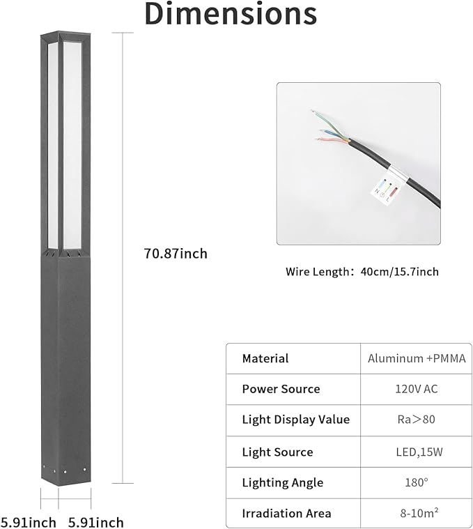 Landscape Path Lights AC100-240V, 71" High Outdoor Pathway Light Hard Wired, Waterproof Modern Bollard Lamp, Driveway Walkway Pole Lights, 3000K LED Lighting for Patio Yard Garden Commercial