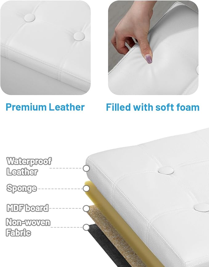 AmasSmile Storage Ottoman Folding Foot Rest Stool, Leather Footstool Bench