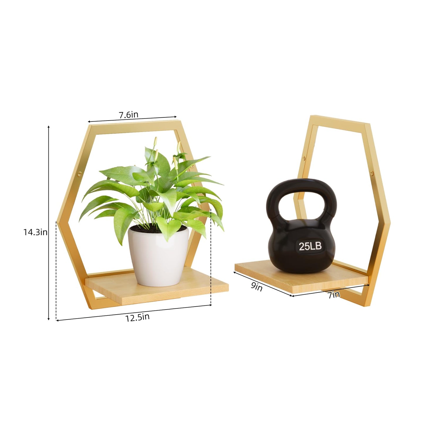 Rioneta 3 Pack Natural Wood & 25 LB Load Metal Wall Plant Holders, 9 inch Solid Wooden Shelf, Mid Century Hanging Planter for Indoor Plants Golden