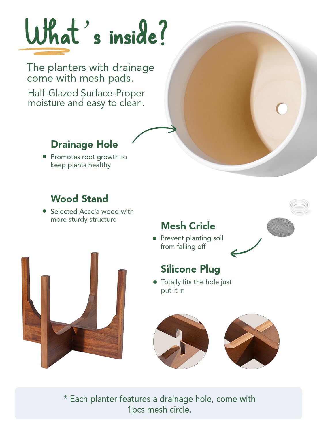 LE TAUCI 12 Inch Pots for Plants with Acacia Wood Stand, Ceramic Large Planters for Indoor Plants, Indoor Planters for Office Living Room, Cylinder Pots with Drainage Hole and Plug, White