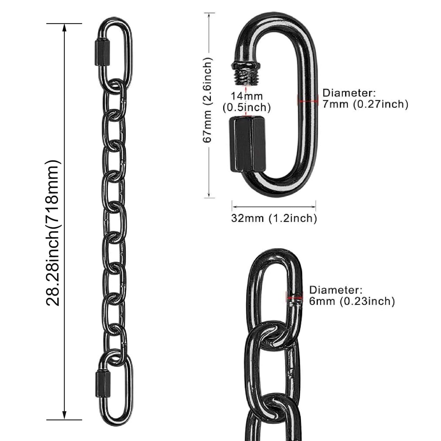 BeneLabel 2Pcs 28 inch Black Heavy Duty Hanging Chains with 4 Carabiners 1000 LB Capacity Hanging Hammock Chair Hardware Extension Chain for Swing, Hanging Chair, Punching Bags, Indoor and Outdoor
