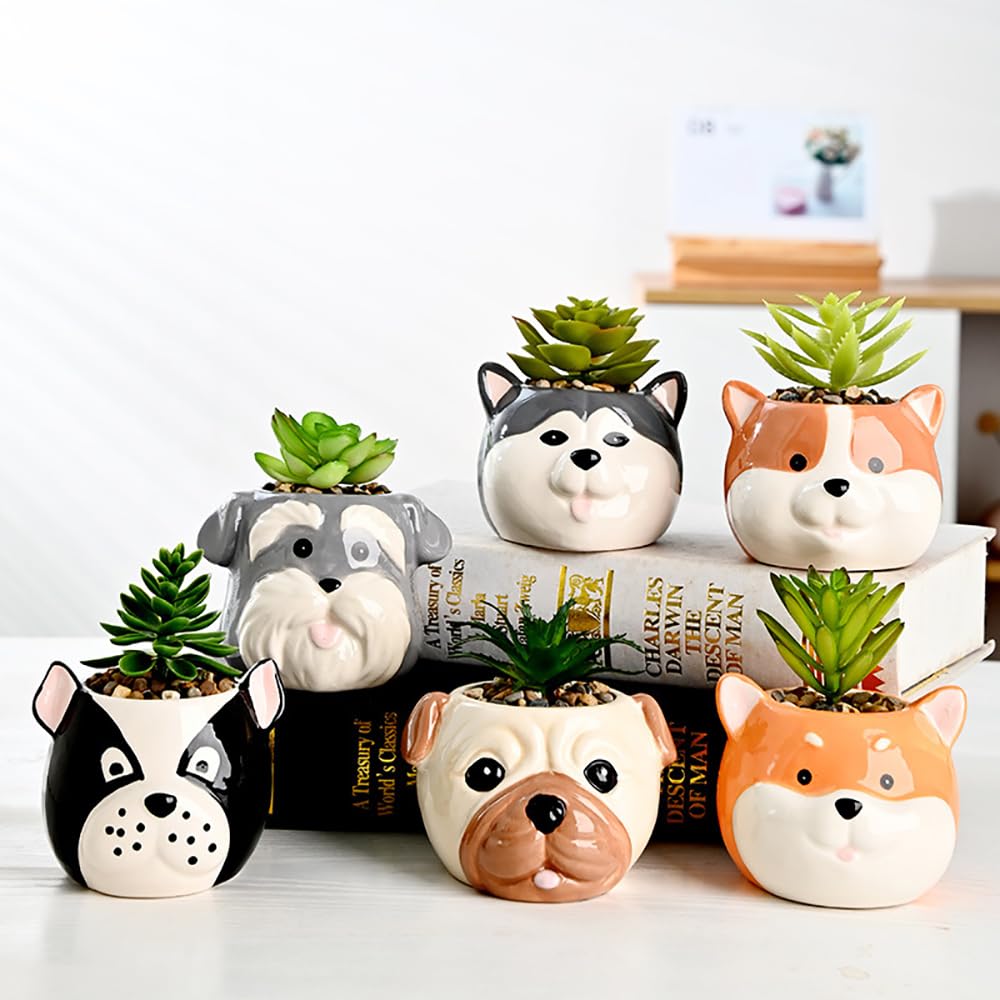 DIYOMR Cute Pet Dog Ceramic Planter Small Succulent Pot Cartoon Shaped Plant Pot for Mini Plants Flower Cactus, Smooth Shiny Ceramic - Plants Not Included (Akita)