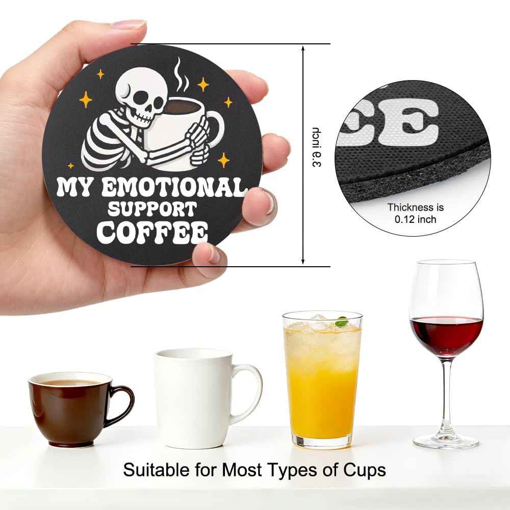 UWXQOJ Emotional Support Coffee Coasters Set of 2, Cute Skeleton Mug Rug Coaster for Drinks Mug Coffee Cup Tumbler, Gothic Drink Coaster for Office Home, Cup Mat for Coworker Friends