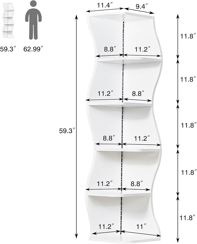 VECELO 6-Tier Compact Wave Corner Bookcase