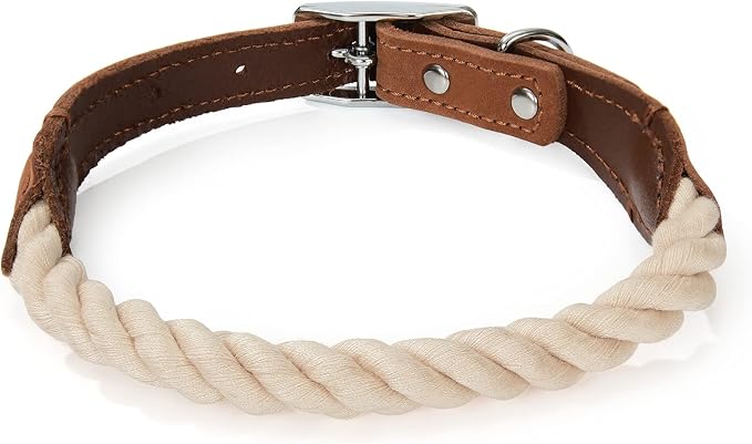 Mile High Life Genuine Leather Dog Collar, Durable Braided Cotton Rope Collar with Metal Pin Buckle for Small Medium Large Dogs (Beige, M Neck 15"-18")