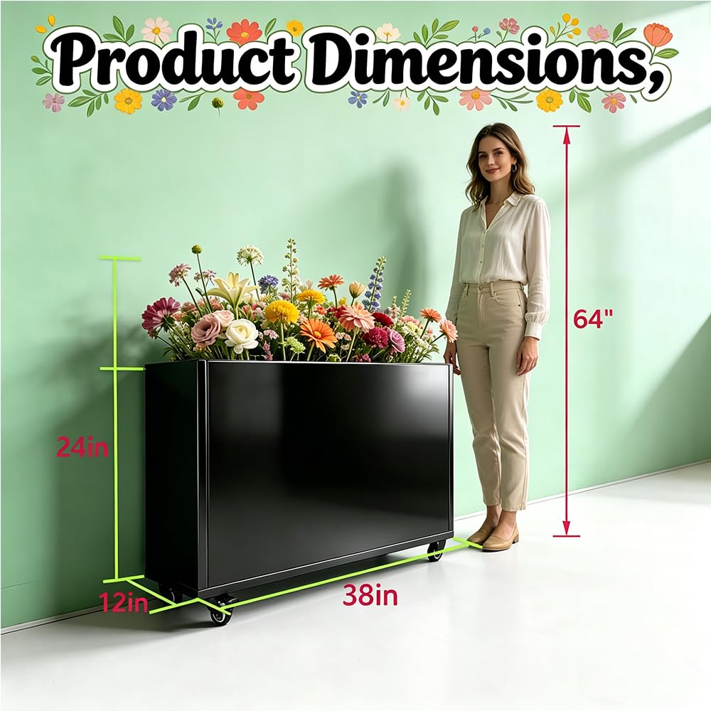 biubiusot Modern Metal Planter Box, Large Rectangular Planter for Outdoor Plants - Heavy Duty Tall Planter Box with Lockable Wheels for Porch/Patio/Garden (Black, 38"x12"x25")