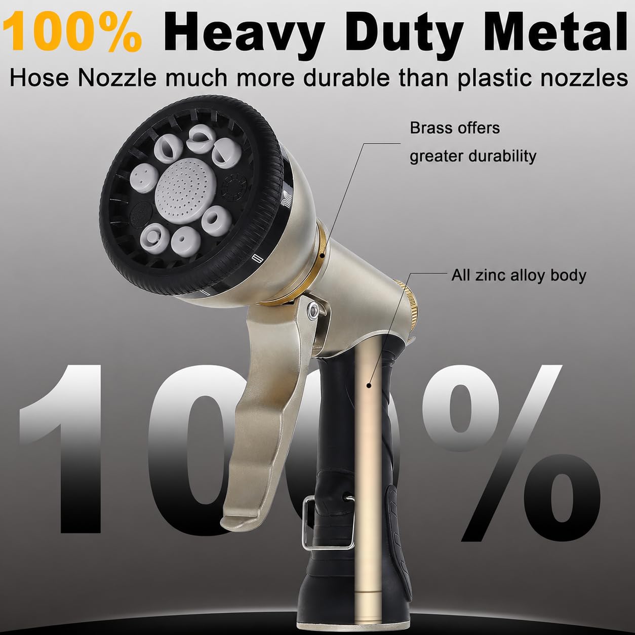 Garden Hose Nozzle, Heavy Duty Metal Hose Sprayer, High Pressure Rust Resistant Water Hose Nozzle with Lockable Trigger, 9 Spray Patterns for Car Pet Washing, Plants & Lawns Watering, Outdoor Cleaning